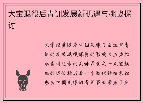 大宝退役后青训发展新机遇与挑战探讨