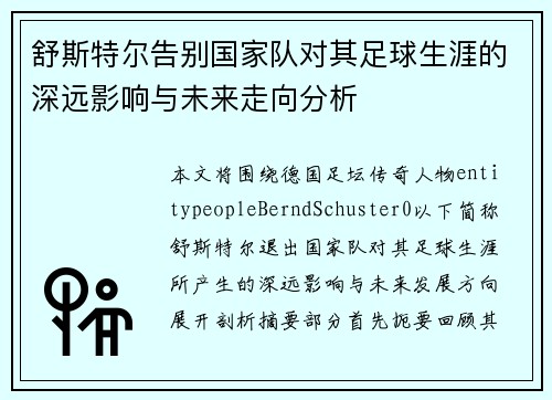 舒斯特尔告别国家队对其足球生涯的深远影响与未来走向分析 舒斯特尔告别国家队对其足球生涯的深远影响与未来走向分析