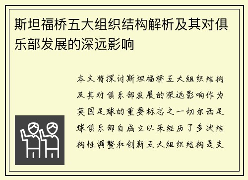 斯坦福桥五大组织结构解析及其对俱乐部发展的深远影响